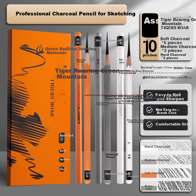 Kongse Mixed Charcoal Pencils, Sketching Carbon Pens for Art Students, Medium-Hard Charcoal Pencils, Drawing Tools for Beginners, Student Set of Carbon Pencils, Art Sketching