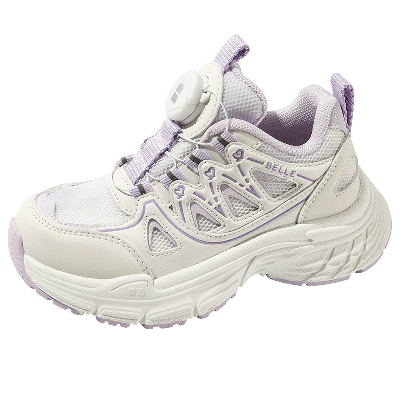 Belle [No-Tie Buckle] Children's Sports Shoes, Girls' Running Shoes, Spring And Autumn Casual Dad Shoes, Beige/purple, Size 32