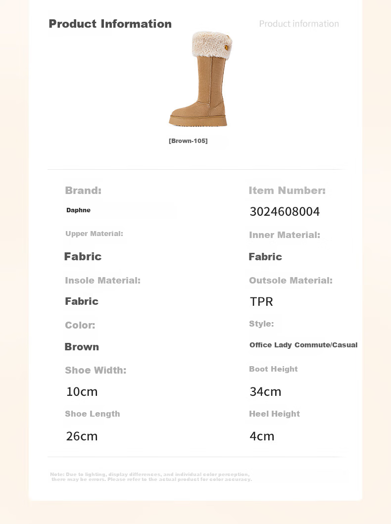 DAPHNE Autumn And Winter Fleece-Lined Thick Two-Way Snow Boots, Northeast Warm Thick-Soled Slimming Long Cotton Boots, Brown, Size 40 6