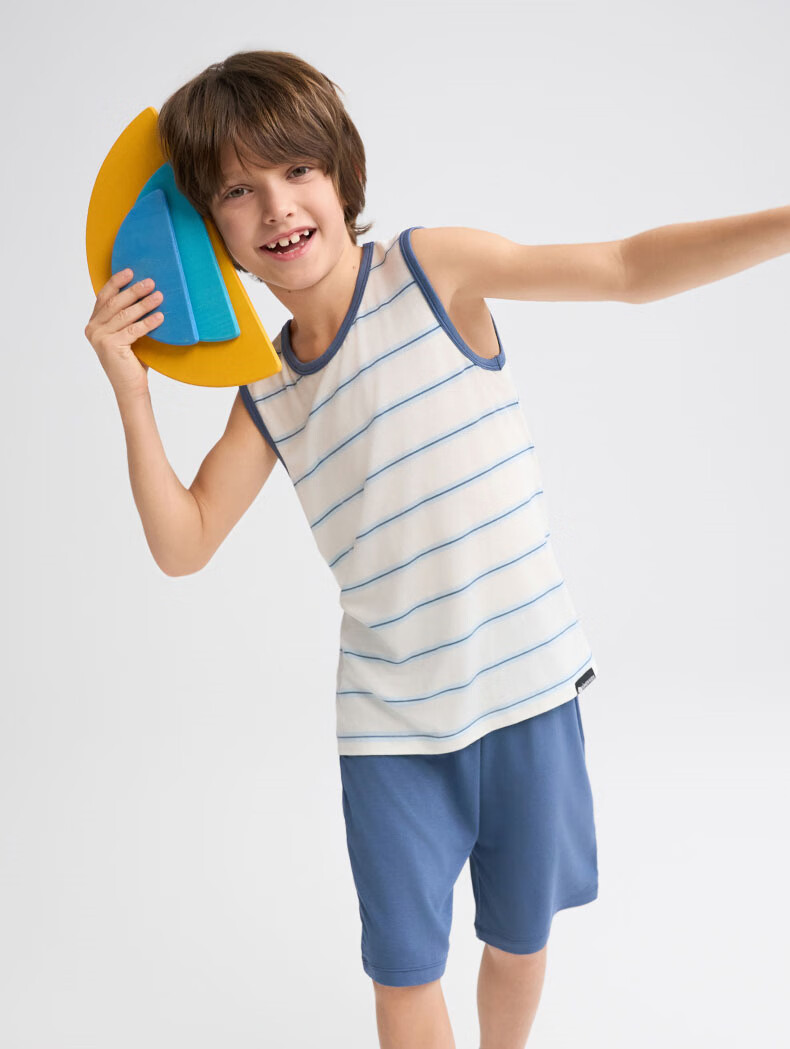 AIMER KIDS Boys' Loungewear Set: Modal Striped Tank Top And Shorts - Blue And White Stripes, Size 130 8