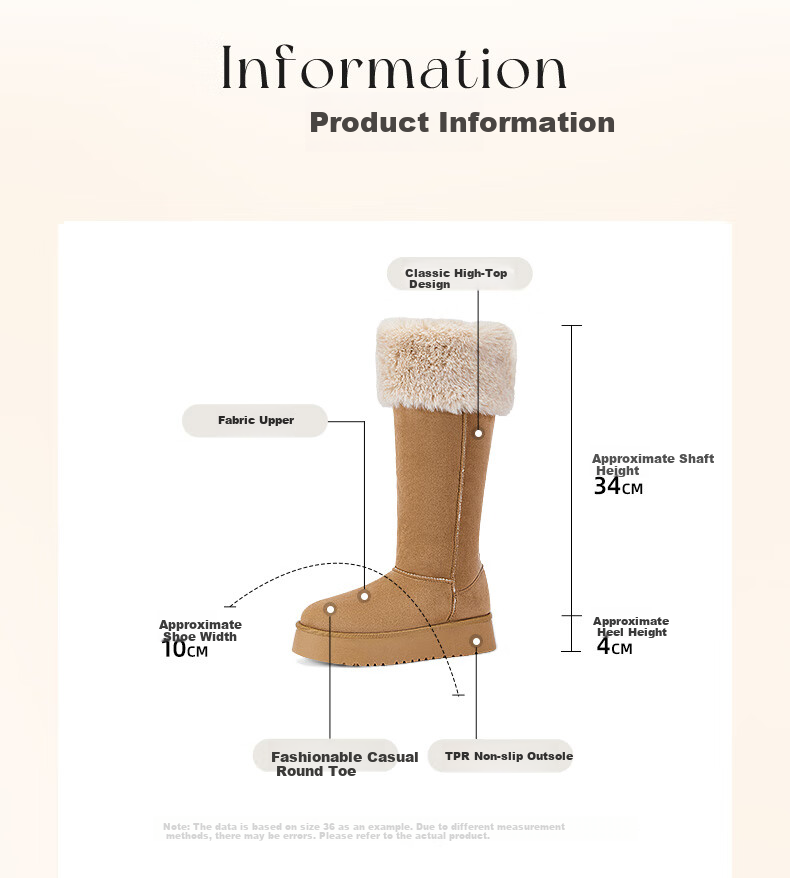 DAPHNE Autumn And Winter Fleece-Lined Thick Two-Way Snow Boots, Northeast Warm Thick-Soled Slimming Long Cotton Boots, Brown, Size 40 5