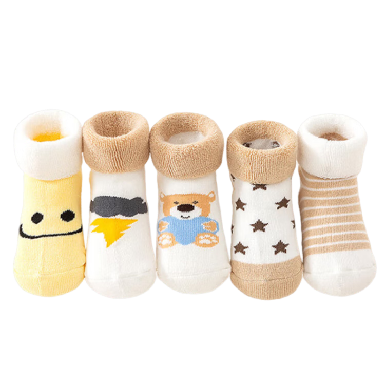 9I9 Baby Socks, Autumn And Winter Infant Socks, Class A Newborn Children's Floor Socks, Terry Socks, 5 Pairs Pack, Little Bear Design, for Ages 1-3