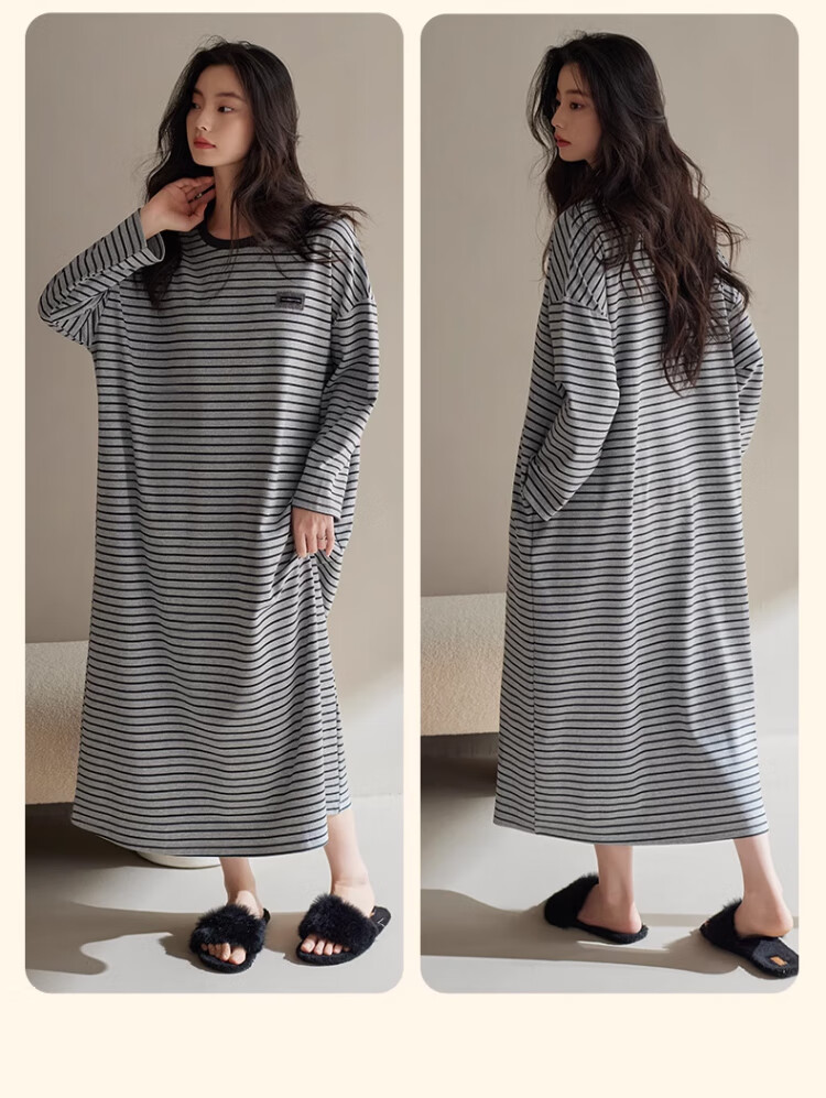 GUJIN Spring Autumn New Pure Cotton Women's Long Nightgown Homewear Casual Loose Plus Size Sleepwear with Chest Pad L 12