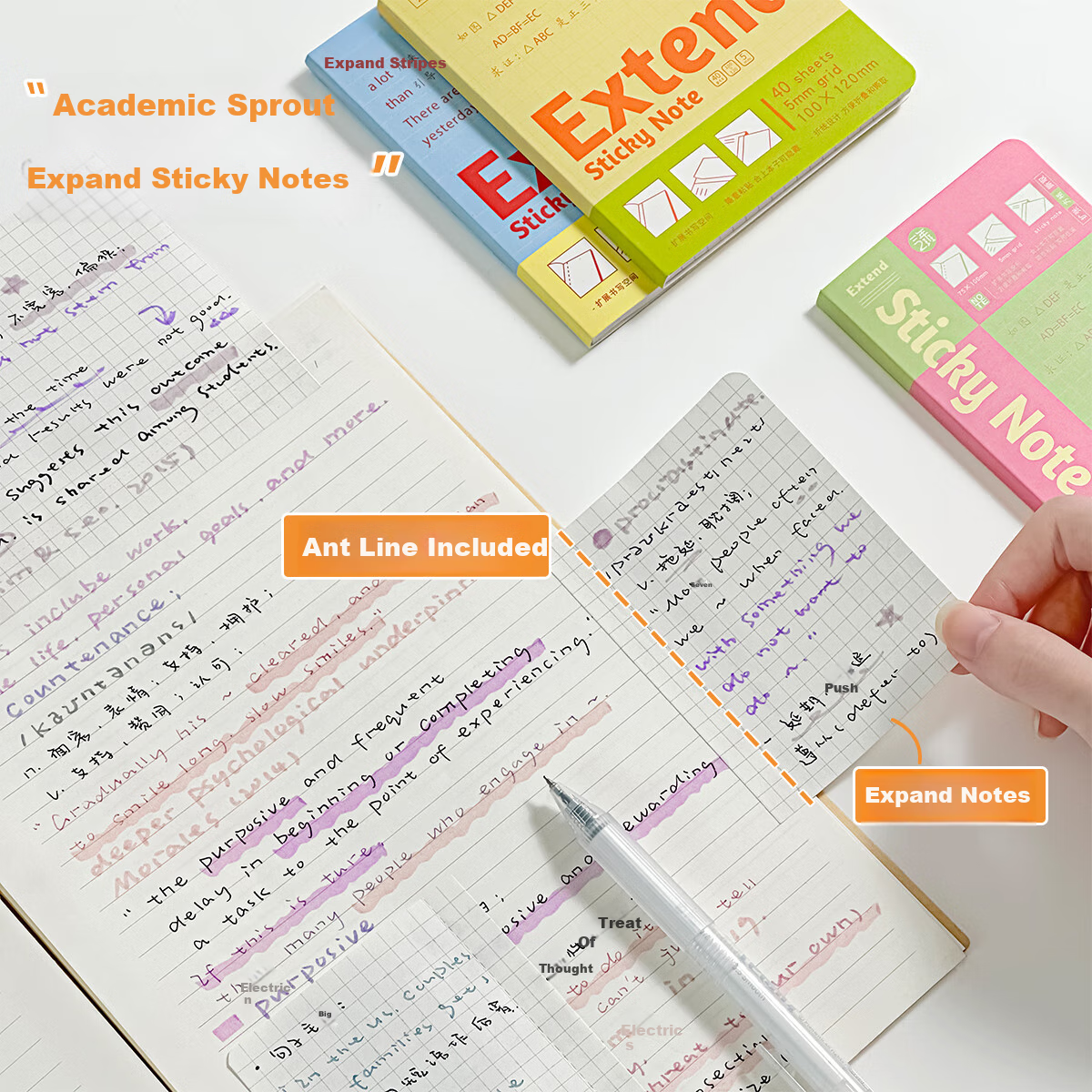 Sannianerban High-Quality Expandable Sticky Notes, 40 Sheets/stack, High-Adhesive Student Memo Pads, Expandable Stickers for Notes, Reusable Office Supplies, Message Pad, Horizontal Stripes (Small Size)
