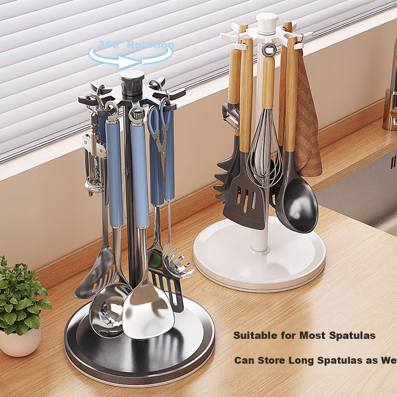 Jiadu Suction Cup Kitchen Rotating Hook, Space Aluminum No-Drill Wall-Mounted Utensil Storage Rack, Organizer Shelf