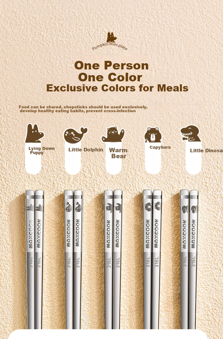 MAXCOOK 316L Stainless Steel Chopsticks, 5 Pairs Cartoon Divided Chopsticks, Color-Coded Chopsticks for Home Creative Tableware Set MCK5905 3