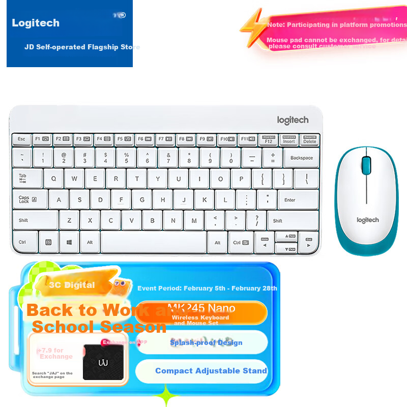 Logitech MK245 Nano Wireless Keyboard And Mouse Combo, Compact Office Keyboard And Mouse Set with Adjustable Stand And 2.4G Wireless Receiver, White
