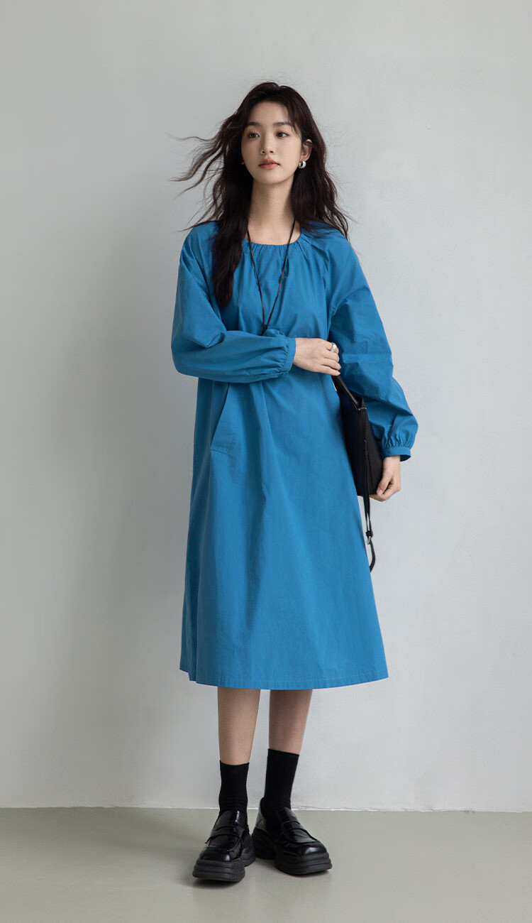 Dme Simple Healing Blue Long Dress Spring Autumn Round Neck Pullover Gathered Long Sleeve Mid-Length Dress 3