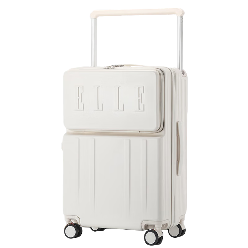 ELLE Front-Opening Luggage with Wide Handle, Large Capacity Travel Suitcase, Stylish Password Lock, Carry-On Case, 20 Inches, White
