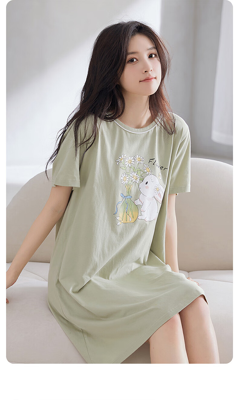 Fenteng Summer Lightweight Short-Sleeve Pure Cotton Loungewear, Plus Size Cute Pajamas, All-Cotton Women's Nightgown, Grass Green, XL 13