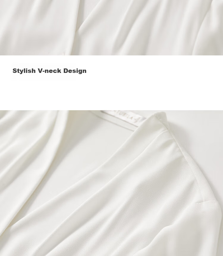 Sentubila Chiffon Blouse for Women, Spring And Autumn Elegant Office V-Neck Shirt, Slimming Loose Long-Sleeve Top, Off-White, M 24