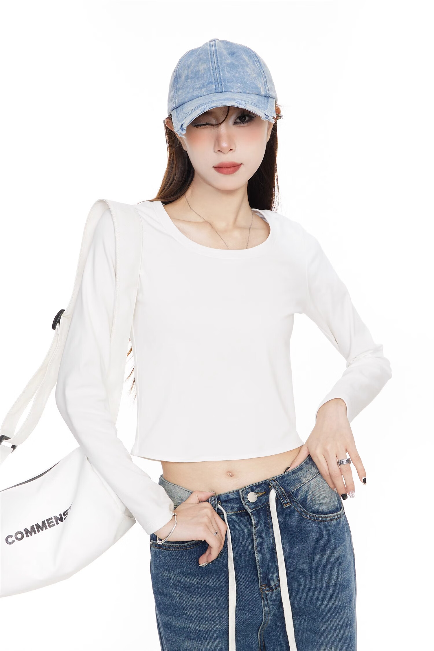 NOME Long-Sleeve T-Shirt for Women, New Early Autumn Style, Hot Girl Inner Wear, Short High-Waist Top, White, XL 7