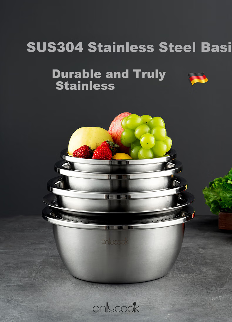 Onlycook 304 Stainless Steel Bowl And Strainer Set, Large Thick with Draining Basket, Vegetable Washing Bowl, Rice Washing Sieve And Dough Mixing Bowl, 5-Piece Set 1