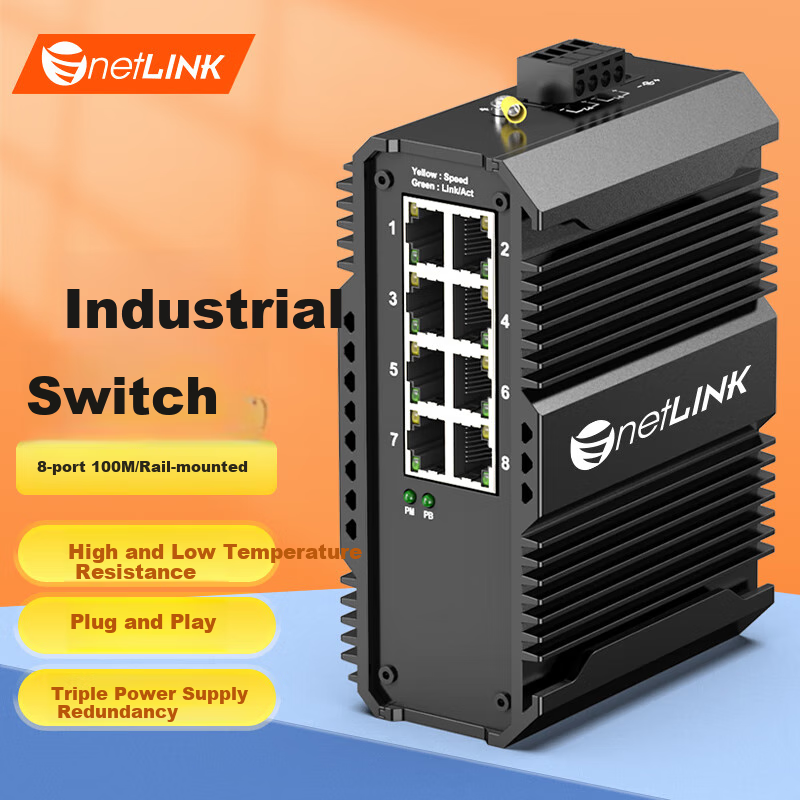 NetLINK Industrial Switch, 8-Port 100Mbps Industrial Ethernet Switch, DIN Rail Mount, Power Supply Not Included, HTB-6000