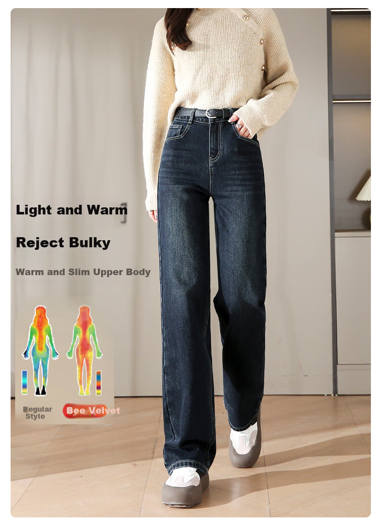 Dme [Fleece-Lined Slim Straight-Leg Pants] Winter Slim Straight-Leg High-Waist Elastic Fleece Wide-Leg Jeans for Wome 1