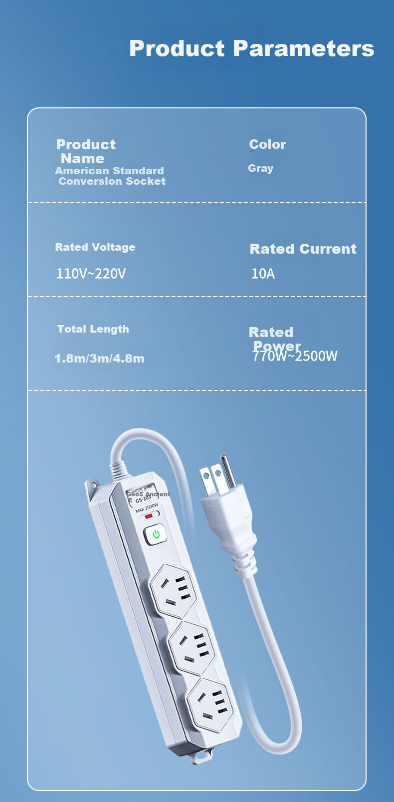 JS JISHUN American Standard to Chinese Standard Converter Plug, American to Chinese Power Strip Converter, Canadian Philippine Thai Brazilian Travel Study Adapter, American Standard Plug, 1.8 Meters 3