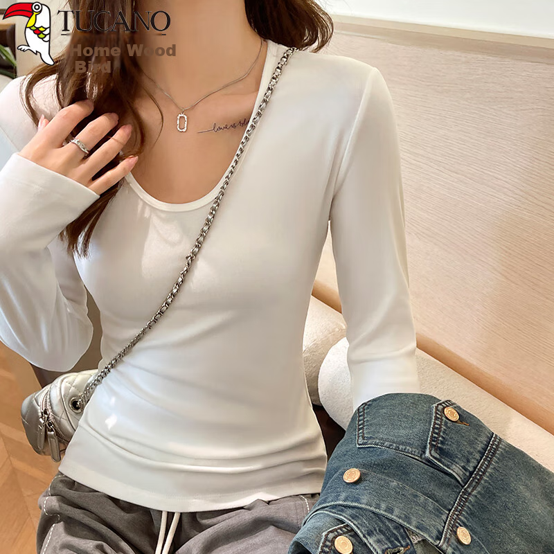 Zhuomuniao Autumn And Winter New Women's Long-Sleeve T-Shirt, Thick Fleece, Small U-Neck, Slim-Fit Top, Black, S
