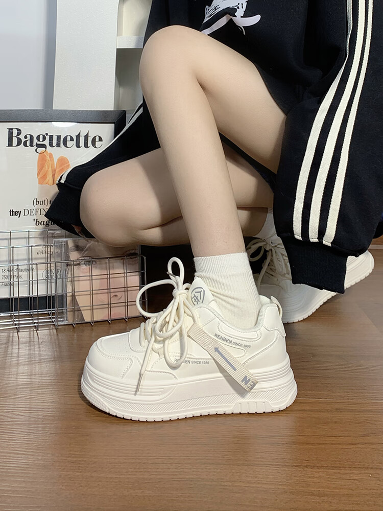 RENBEN Thick-Soled White Sneakers for Women, 2025 New Spring And Autumn Style, Popular Korean Version, Height-Increasing Casual Sports Skateboard Shoes for Wome 9