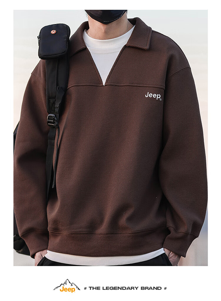 JEEP Men's Spring Autumn Vintage Waffle Knit Polo Shirt Loose Fit Base Layer Dark Coffee L 4