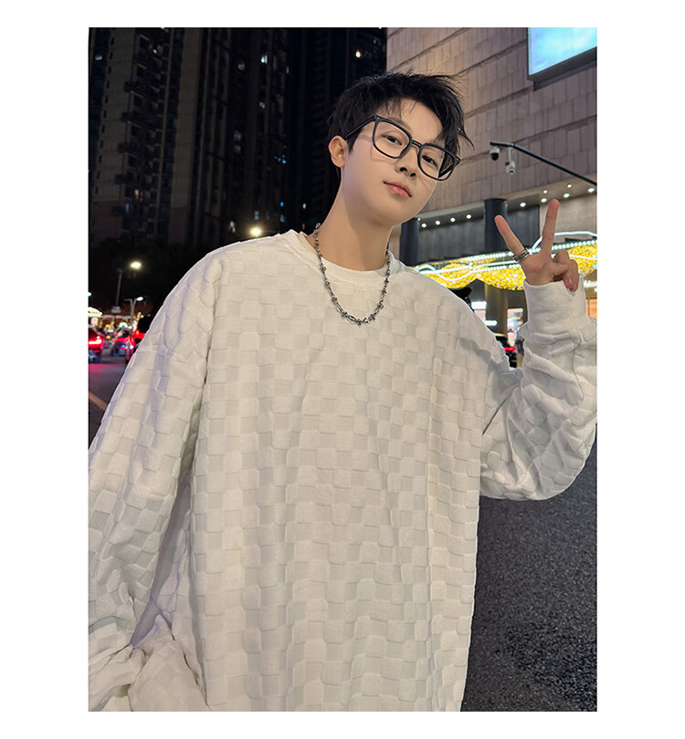 Dingfengbaoluo Japanese-Style Plaid Crew Neck Sweatshirt for Men, Spring Loose-Fitting High-End Casual Base Layer Top DFL77 Black XL 9