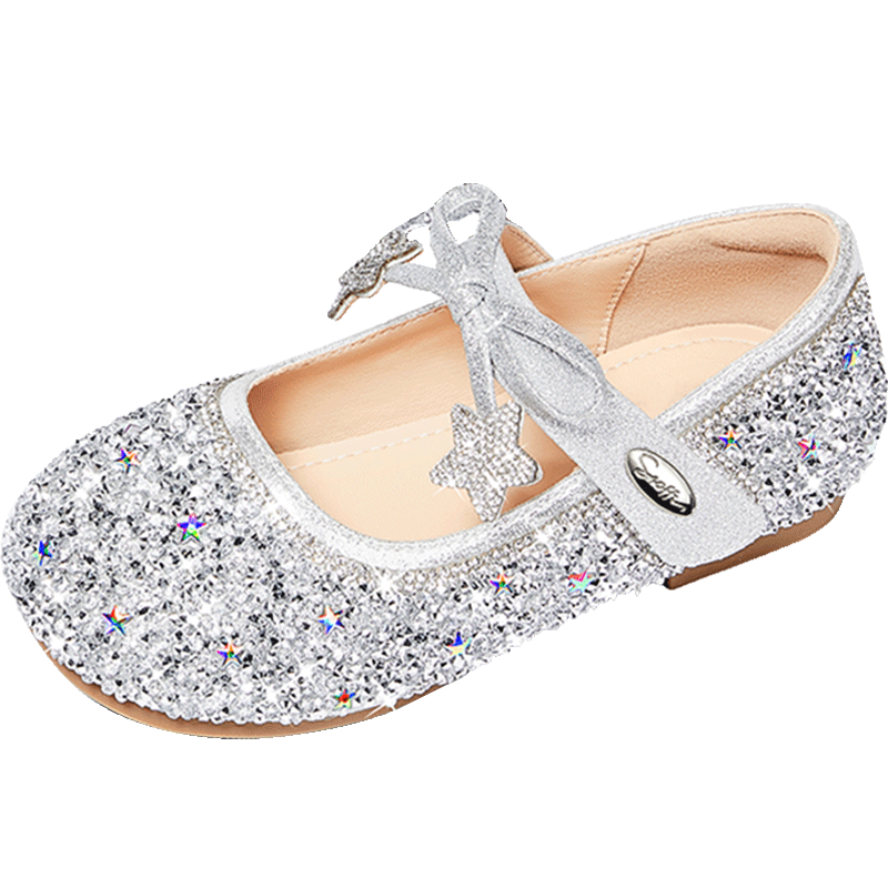 Snoffy Children's Crystal Shoes, Spring Girls' Shiny Princess Shoes, Starry Silver, Size 28