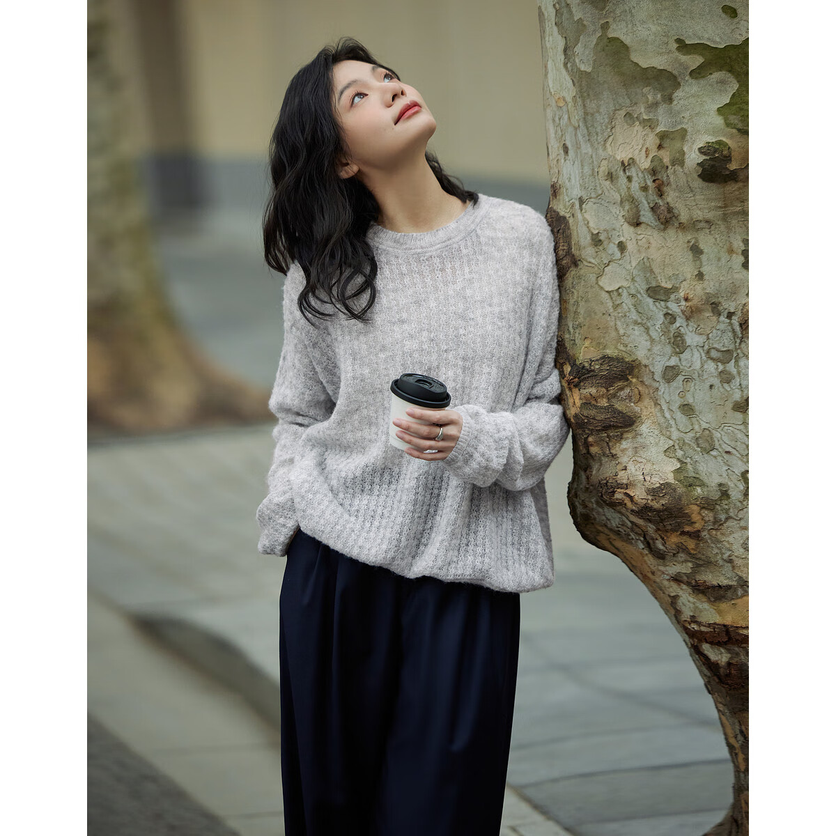 Dme [Containing Wool] Spring Lightweight Striped Hollow-Out Round Neck Sweater, High-Elastic Comfortable Knit Top for Wome
