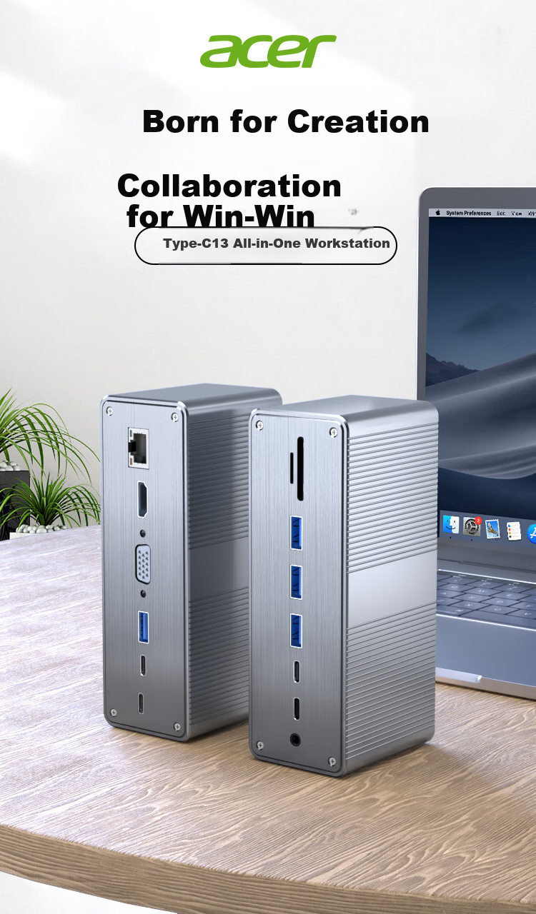 Acer Type-C Vertical Expansion Dock, HDMI/VGA High-Definition Screen Mirroring, 4K Gigabit Ethernet Port Adapter, USB 3.0 Hub, Compatible with IPad And Tablets, Thirteen-In Expansio 1
