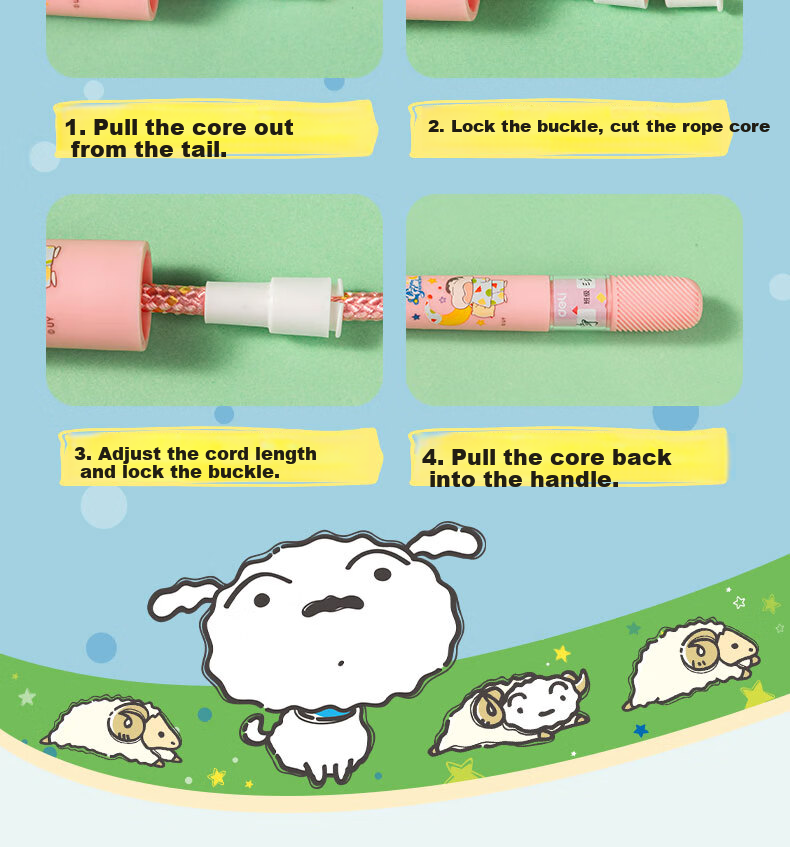 Deli Crayon Shin-Chan Co-Branded Cotton Jump Rope for Children And Students, Durable Cotton Material, Pink, Includes Stationery And Stickers 12