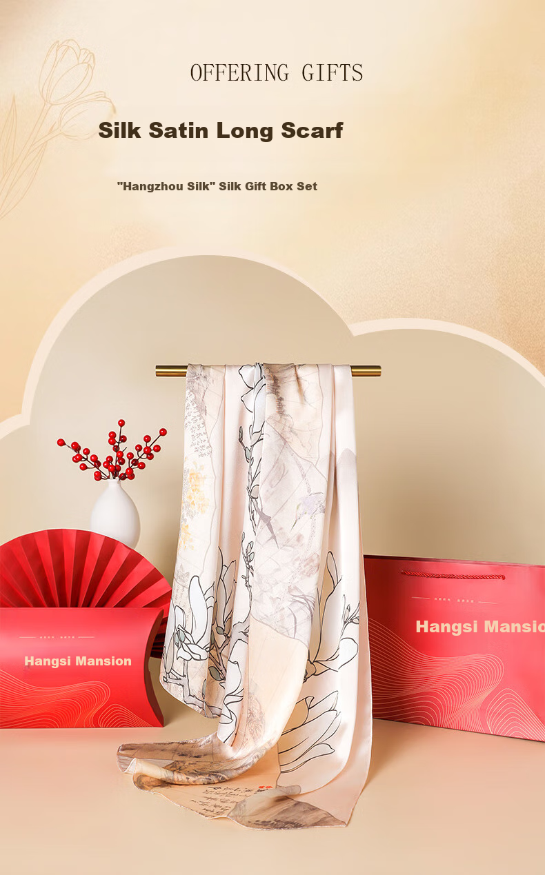 Hangsifu Silk Chinese-Style Scarf, Mulberry Silk Shawl, Birthday Gift for Mom, Practical Gift Box for Women, Machine Gree 1
