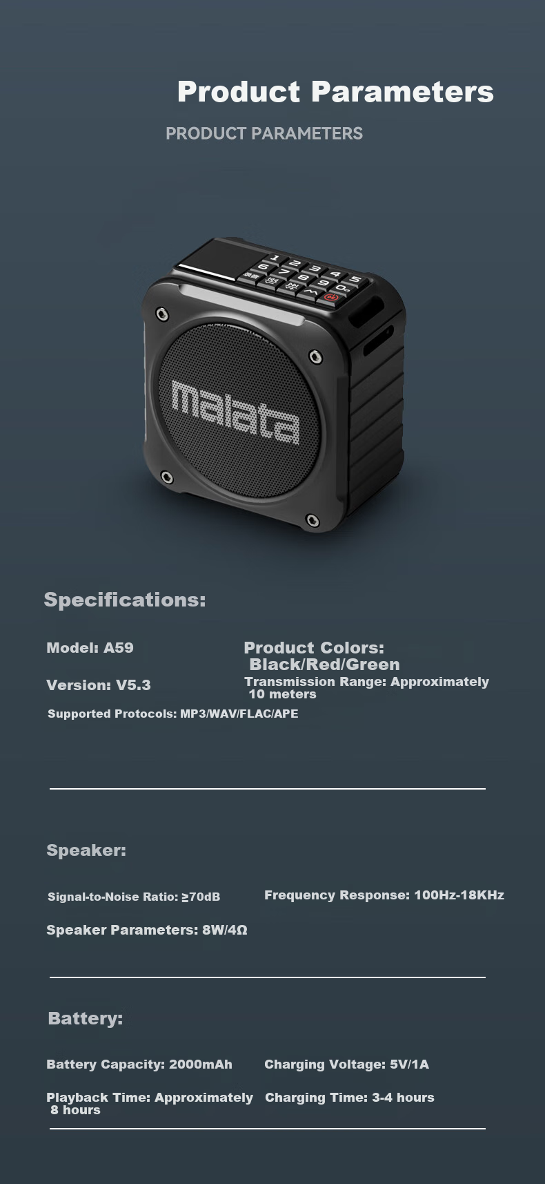 Malata A59 Portable Flash Drive, Personal Audio Player, Outdoor Speaker, Mini FM Radio, Gift for Elderly, Black 8