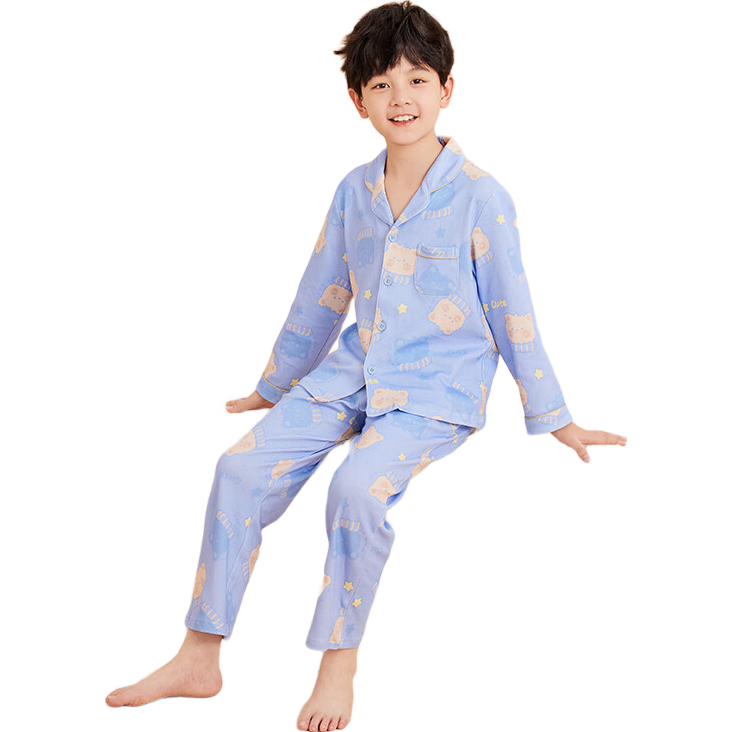 Hodo Children's Pajamas, Spring And Autumn Season, Boys And Girls Pure Cotton Home Wear Set, Long-Sleeve Top And Long Pants Two-Piece Suit, J3159 Light Blue, Size 130
