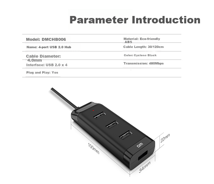 DM Daimai USB Hub 2.0, 7-Port Hub Expansion Dock, Laptop And Desktop Computer Multiport Adapter, USB Extension Cable Converter, CHB072 7