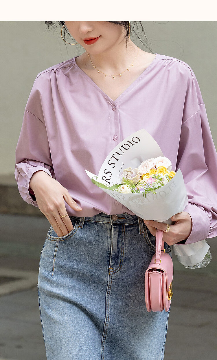 Dme [Dopamine Color Palette] Spring And Autumn French Relaxed V-Neck Shirt, Elastic Comfortable Slimming Blouse, Women's Top 13