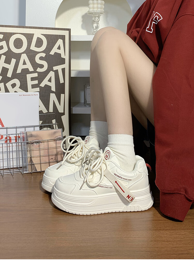 RENBEN Thick-Soled White Sneakers for Women, 2025 New Spring And Autumn Style, Popular Korean Version, Height-Increasing Casual Sports Skateboard Shoes for Wome 2