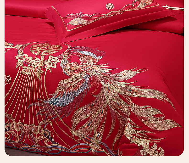 Shuixingjiafang Wedding Bedding Set, 100% Pure Cotton, Red Color, Wedding Bed Sheet And Duvet Cover, Wedding Gift, Dragon And Phoenix Embroidery, for 1.5m Bed 6