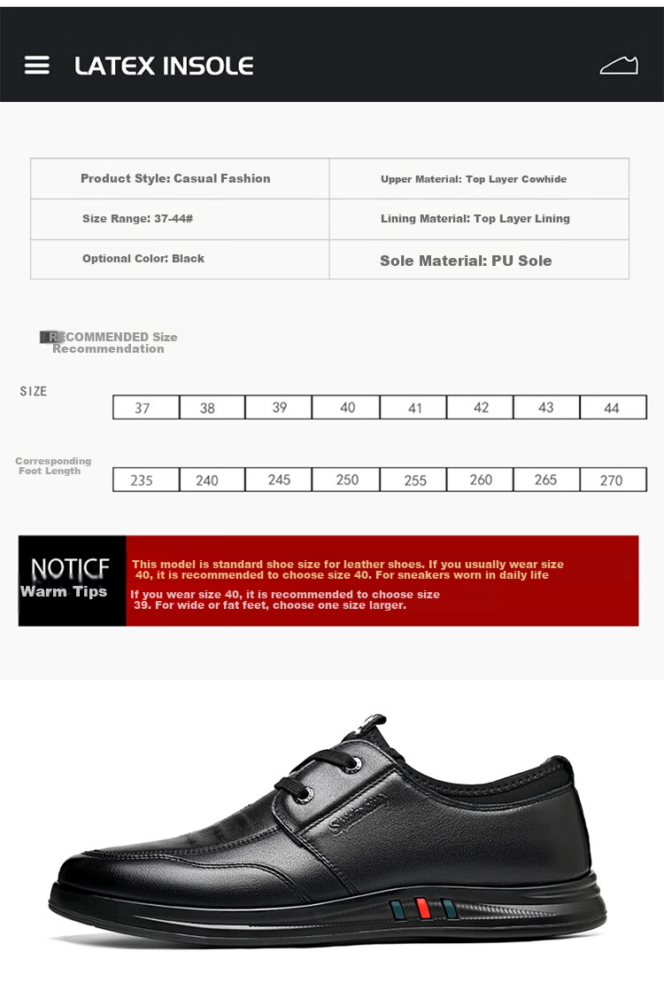 SPIDER KING Men's Casual Leather Shoes with Lace-Up, Korean Style Soft Sole Fashionable Business Men's Loafers, Black, Size 40 5