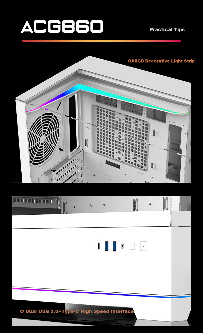 AOC AICG860W White EATX Gaming Computer Case with Three-Sided Glass View, Quick-Release Design, 9-Slot Dual Graphics Card Support, 480mm Water Cooling Compatible, Functional Display Scree 10
