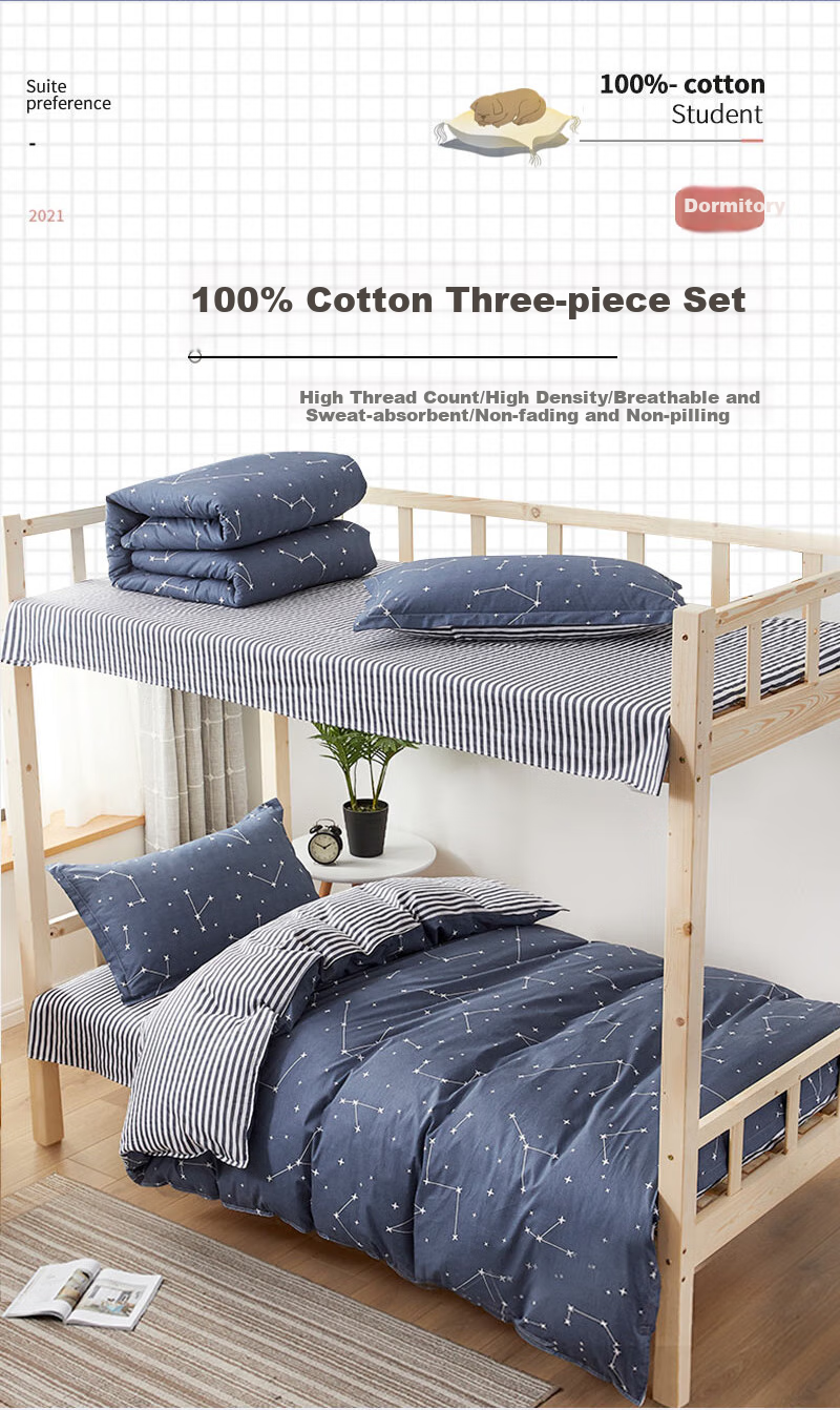 Yunjin Pure Cotton Dormitory Three-Piece Bedding Set for College Students, Single Bed Sheet And Duvet Cover for 0.9/1.2 Meter Beds, Star Patter 1