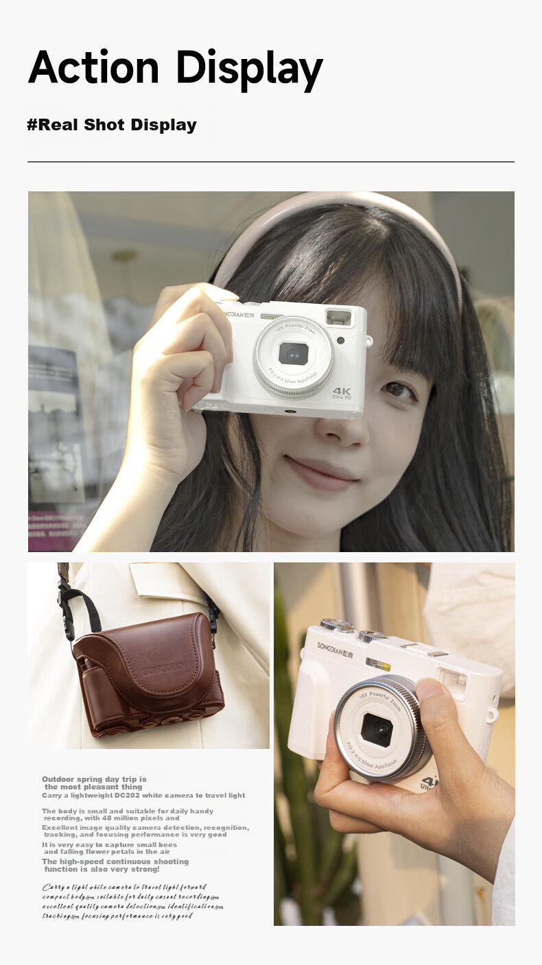 SONGDIAN Vlog Digital Camera Retro Mirrorless Portable Camera with High-Definition Viewfinder, Student All-In Camera DC202 Official Standard Configuration + Leather Case Set, 32GB Memory 13