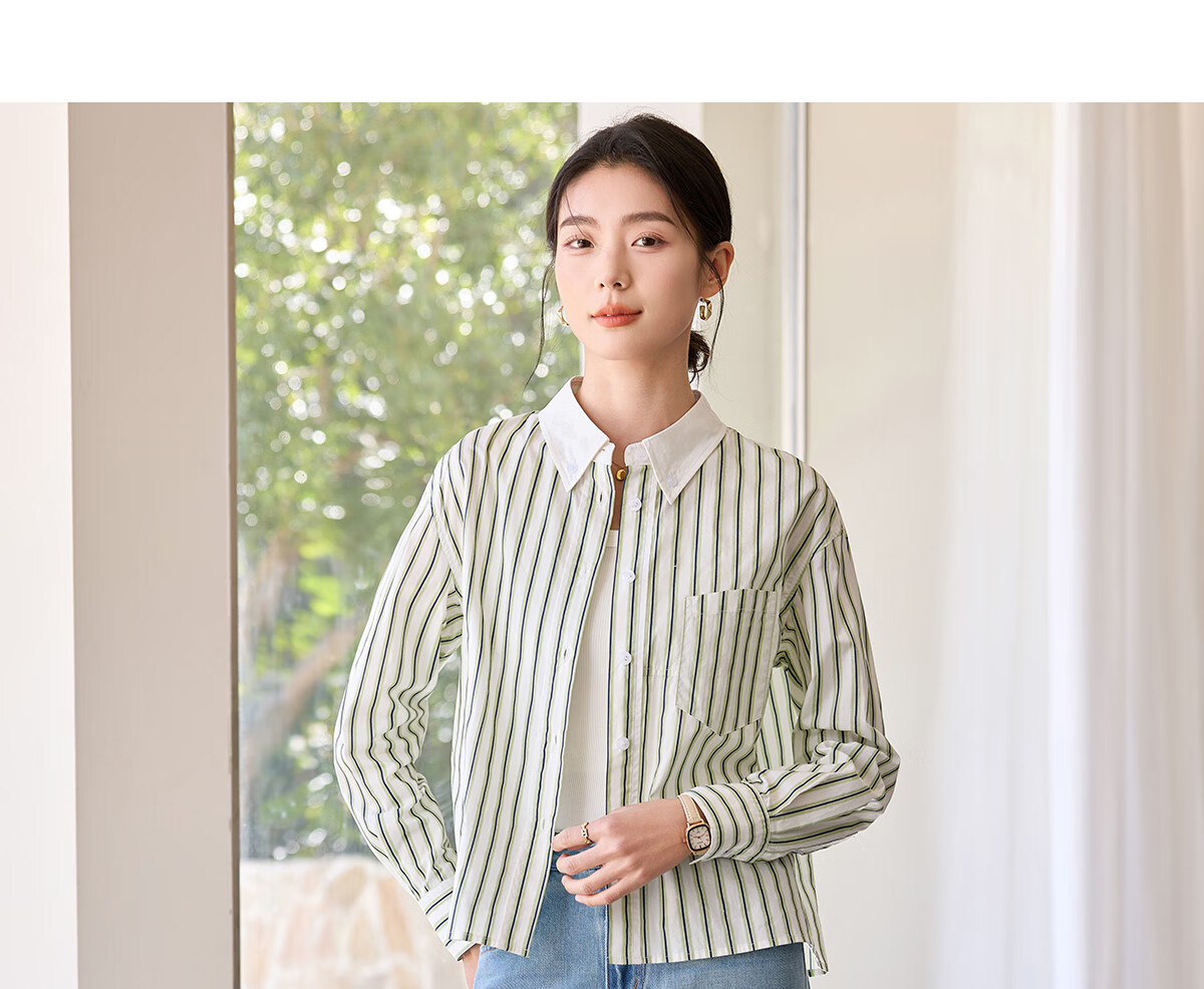 Chushen Women's Long-Sleeve Shirt, Contrasting Color Lapel, Classic Striped Short Casual Commuter Pure Cotton Blouse S51S043 7