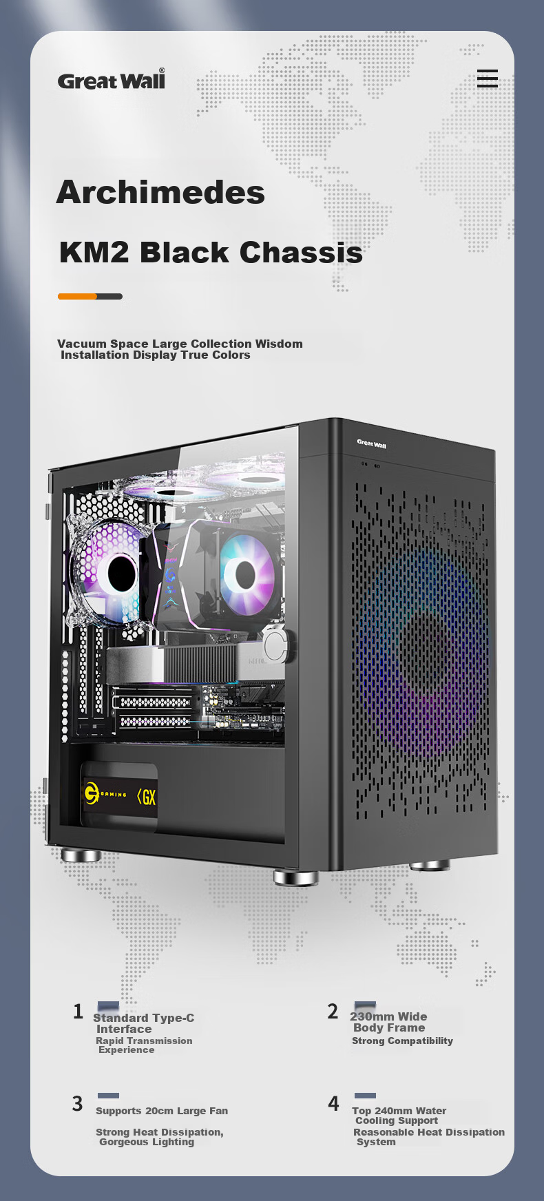 Great Wall Archimedes 2 Black Computer Case (Type-C 3.2/20CM Fan Positions/MATX Small Motherboard/240mm Water Cooling Position/Wide Body/5080 Graphics Card) 2