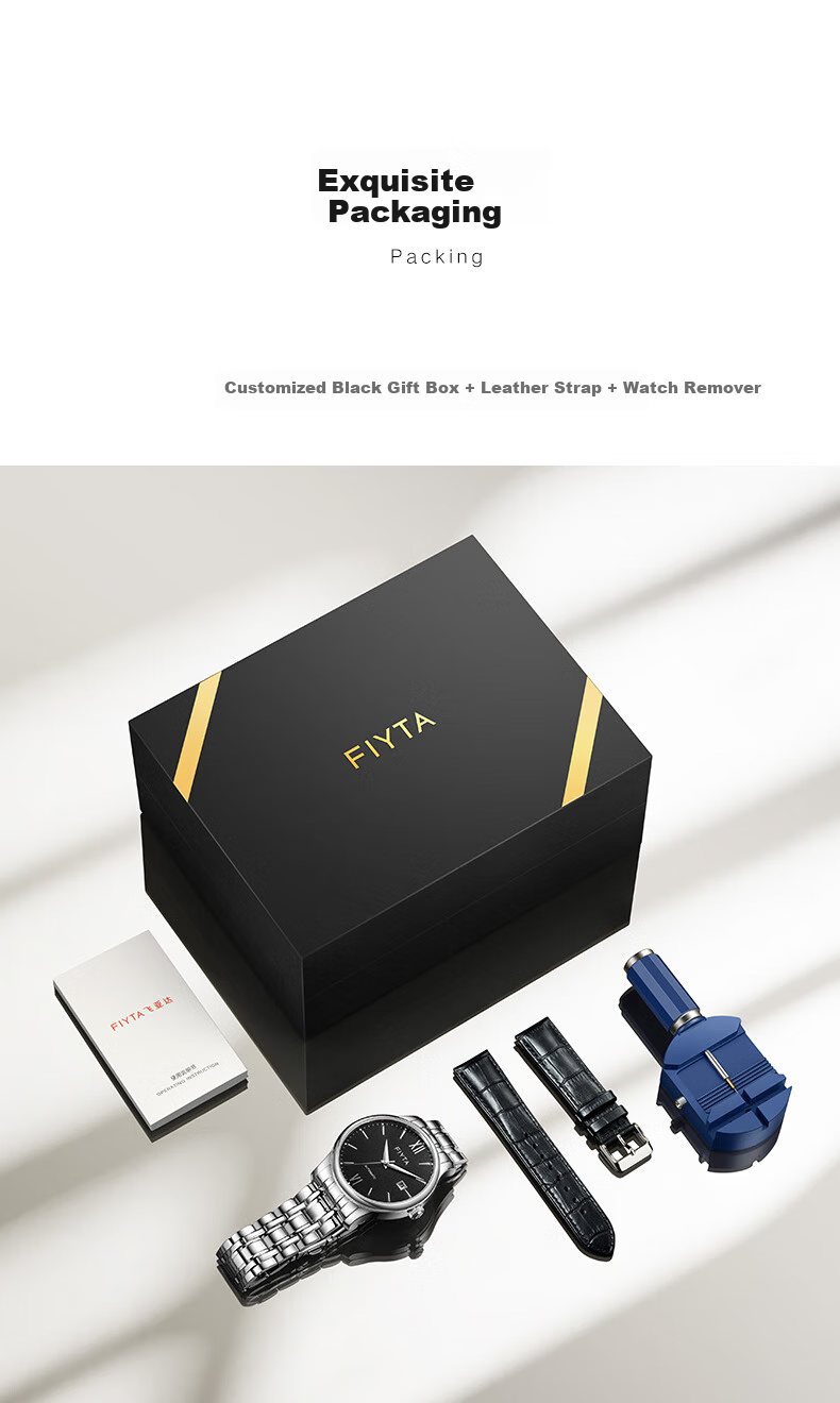 FIYTA Men's Watch, Classic Series Automatic Mechanical with Date Display, Black Dial, Steel Strap, Elegant Business Wristwatch, Holiday Gift 8