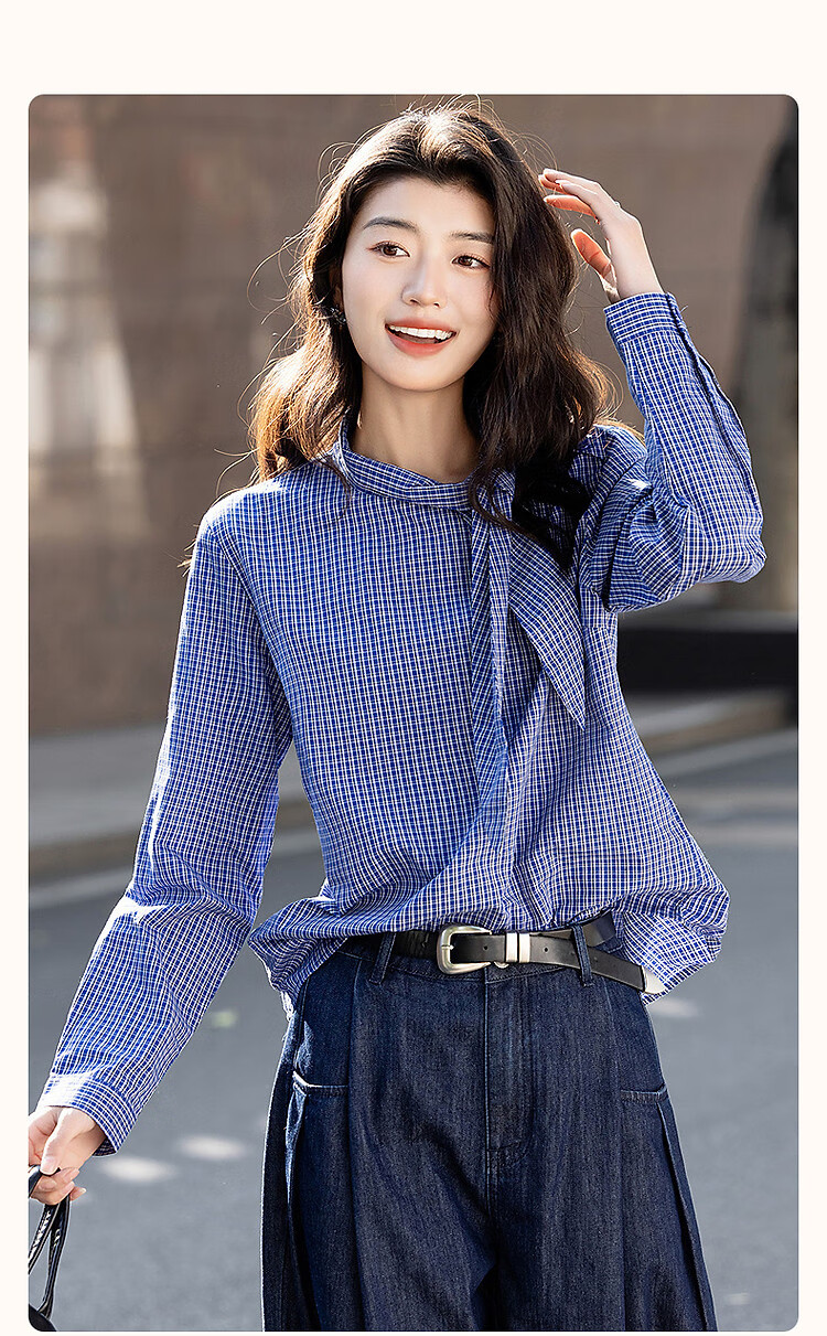 Dme [Pure Cotton Plaid] Autumn Literary Vintage Plaid Shirt with Tie Collar, Petite Elegant Blouse Women's Top 2