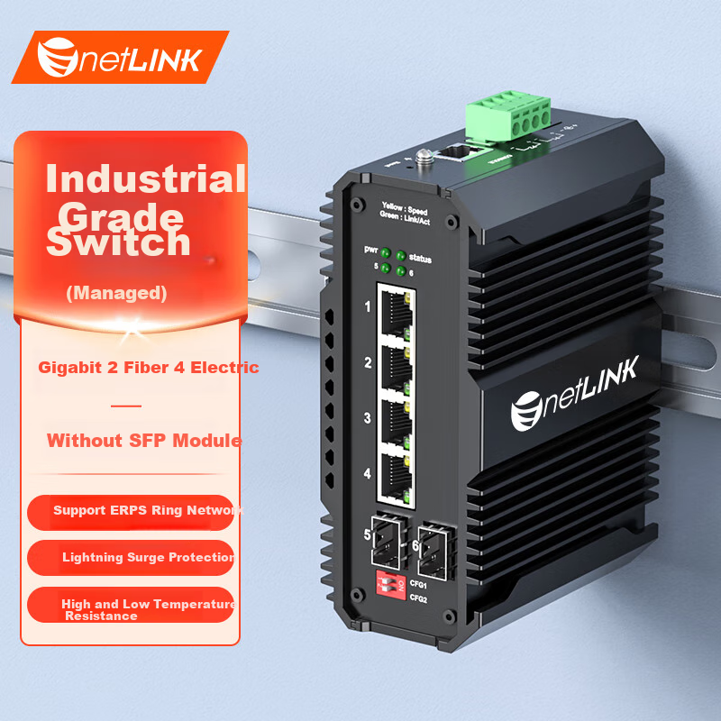 NetLINK Gigabit Dual Optical And Electrical Industrial Switch, Ring Network Managed Fiber Optic Transceiver, DC12V-54V, DIN Rail Mount, HTB-6000