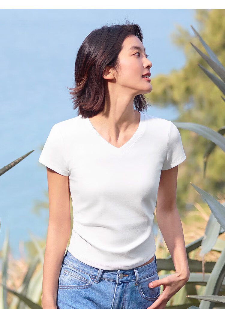 Semir Women's Short Sleeve T-Shirt, Fitted Round Neck, Inner Wear, Summer Cool Waist-Cinching V-Neck Top, Hot Girl Style, 109326100003 29