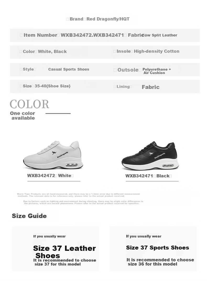 RED DRAGONFLY Women's Versatile Shoes, Air Cushion Heightening Casual Shoes for Women, Soft-Soled Sneakers WXB342472 White Size 38 6