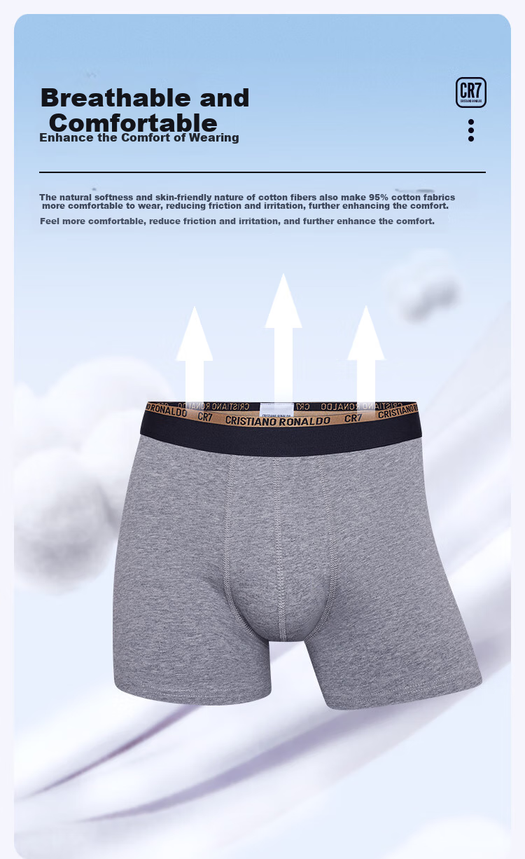 CR7 Cristiano Ronaldo CR7 men's boxer briefs set, 2026 spring new style, 3-pack, pure cotton breathable boxer shorts 9