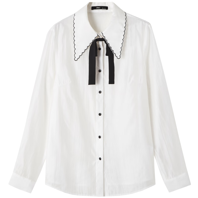 Dme [Detachable Bow Blouse] Spring And Autumn Embroidered Lapel Long-Sleeve Contrasting Color Women's Top Shirt