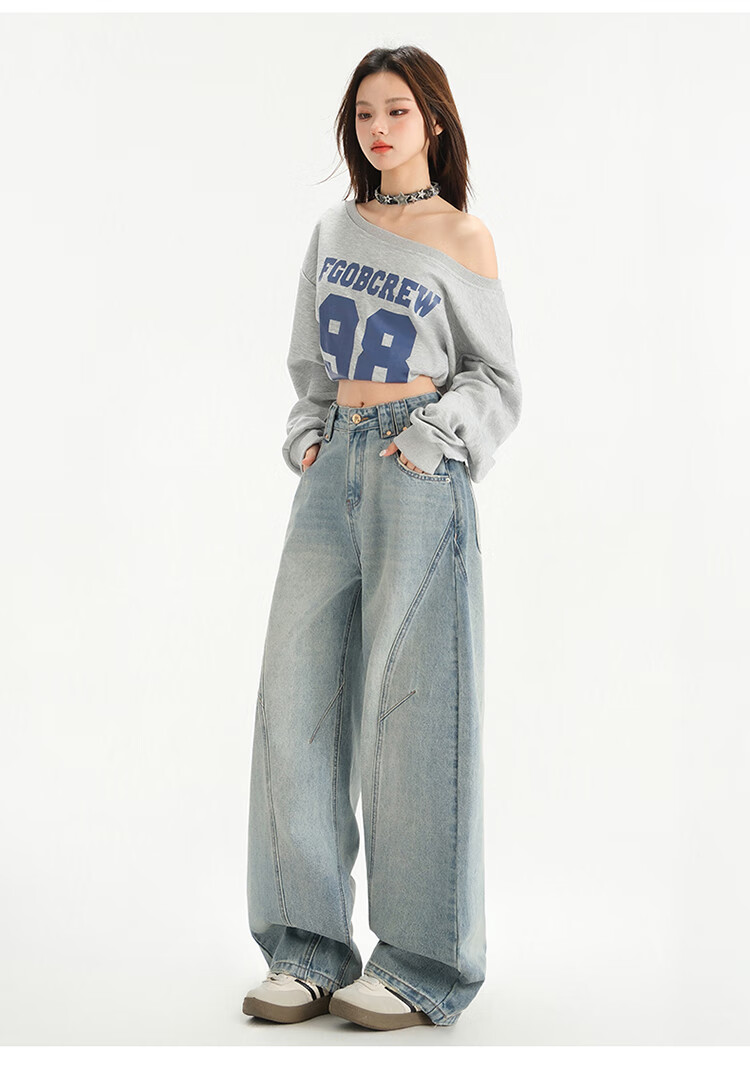 XUEXIMAN Light Blue Vintage Washed Curved Blade Wide Leg Banana Jeans for Women Autumn New Design Sense Loose-Fit Banana Pants 3