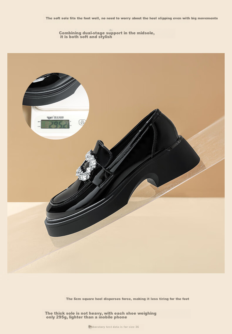ZHR Women's Loafers, Fashionable Patent Leather Versatile Rhinestone Women's Shoes, Thick-Soled Heightening Black Leather Shoes for Women, JF76 Black, Size 37 2